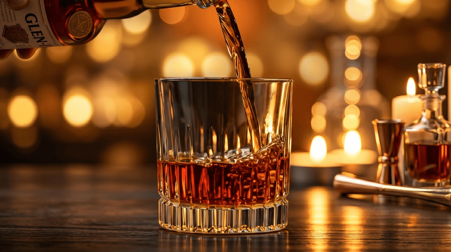 Premium whisky bottle and crystal glass on a dark bar, soft amber lighting